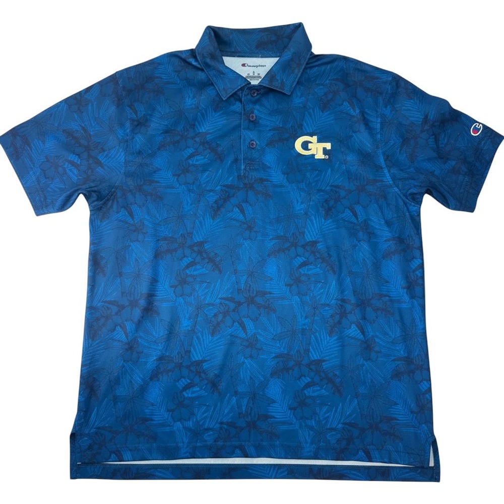Champion Georgia Tech Yellow Jackets Blue Tropical Floral Polo Shirt Mens Large